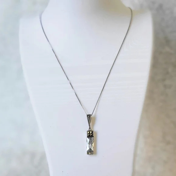 Sterling Silver 925 THAI Emerald Cut Cubic Zirconia Marcasites Necklace 18” - Picture 4 of 11